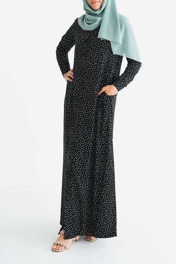 Black Button-Front Printed Abaya