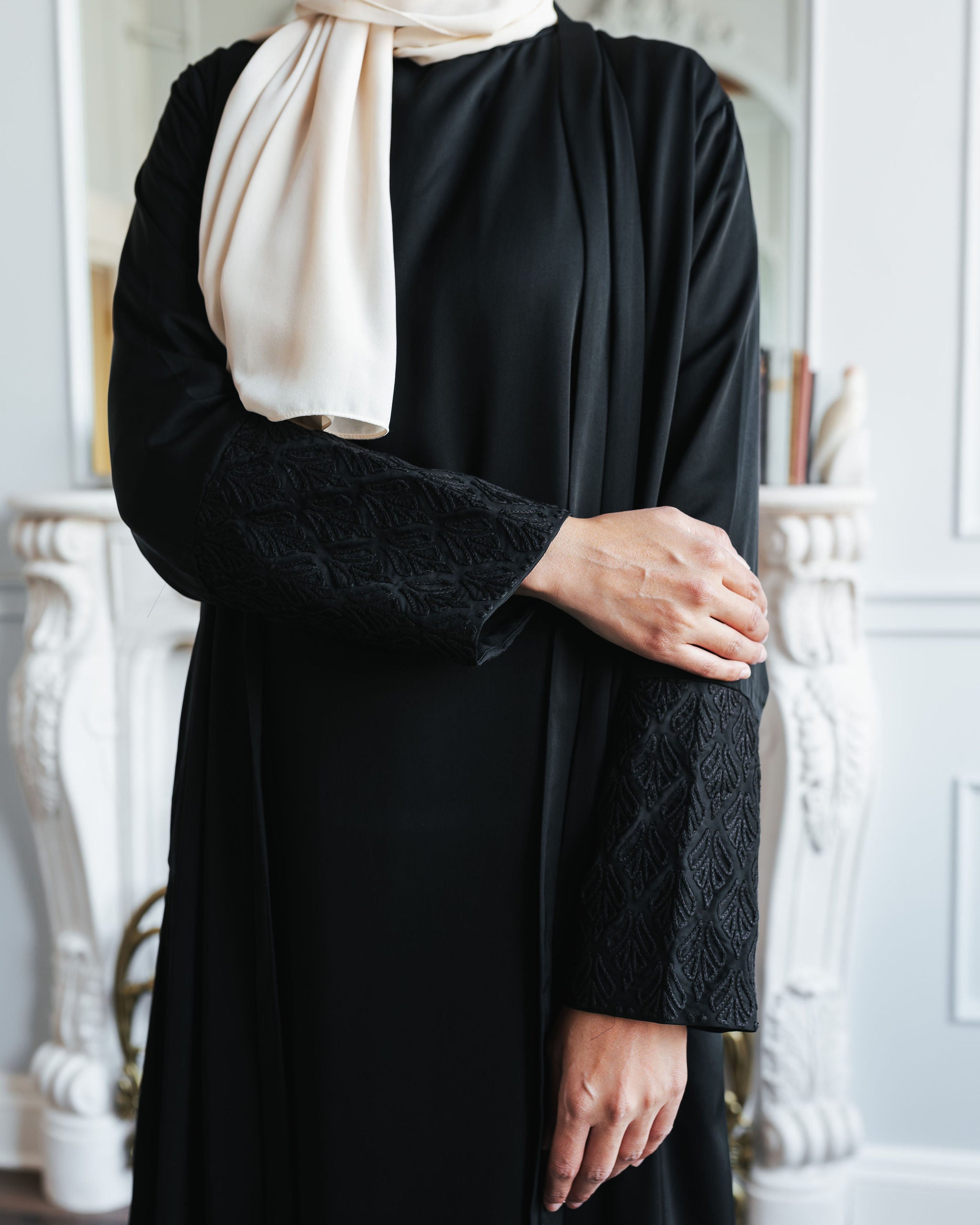 Black Corded Embroidered Open Abaya