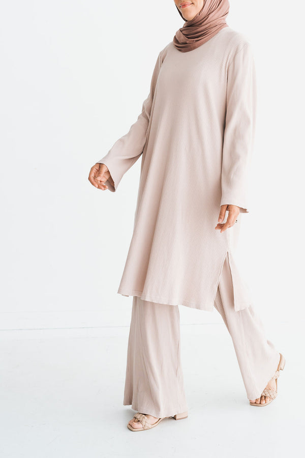 Women's Beige Ribbed 2-Piece Co-Ord Set