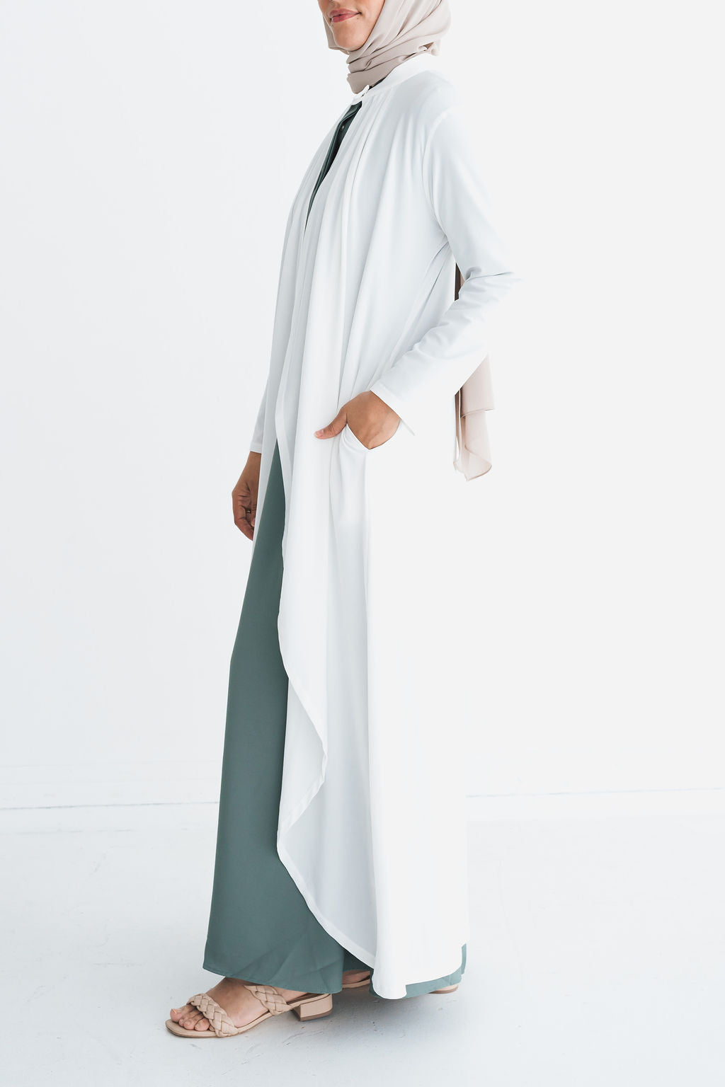 Ivory White Matte Jersey Long Asymmetrical Cardigan