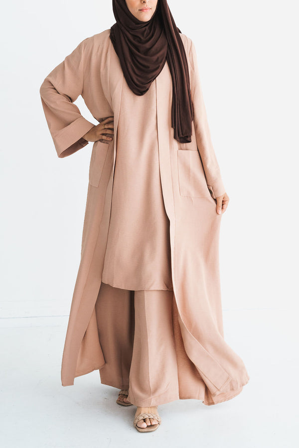 Tan 3-Piece Kimono Abaya Set