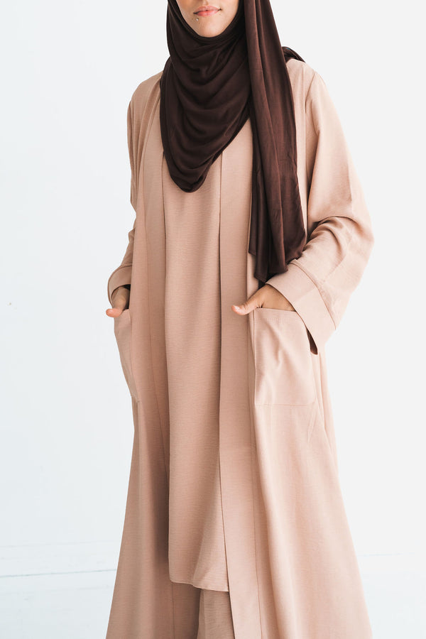 Tan 3-Piece Kimono Abaya Set