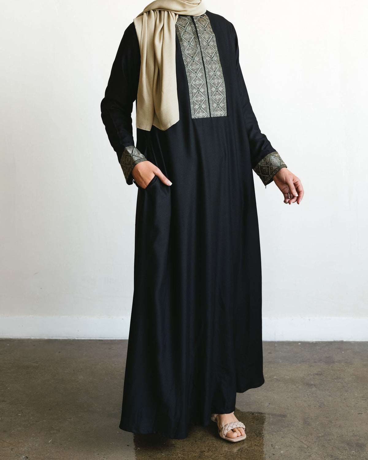 Embroidered Front Panel Abaya - Black & Olive