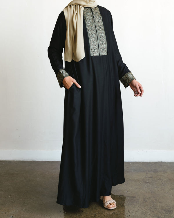 Embroidered Front Panel Abaya - Black & Olive