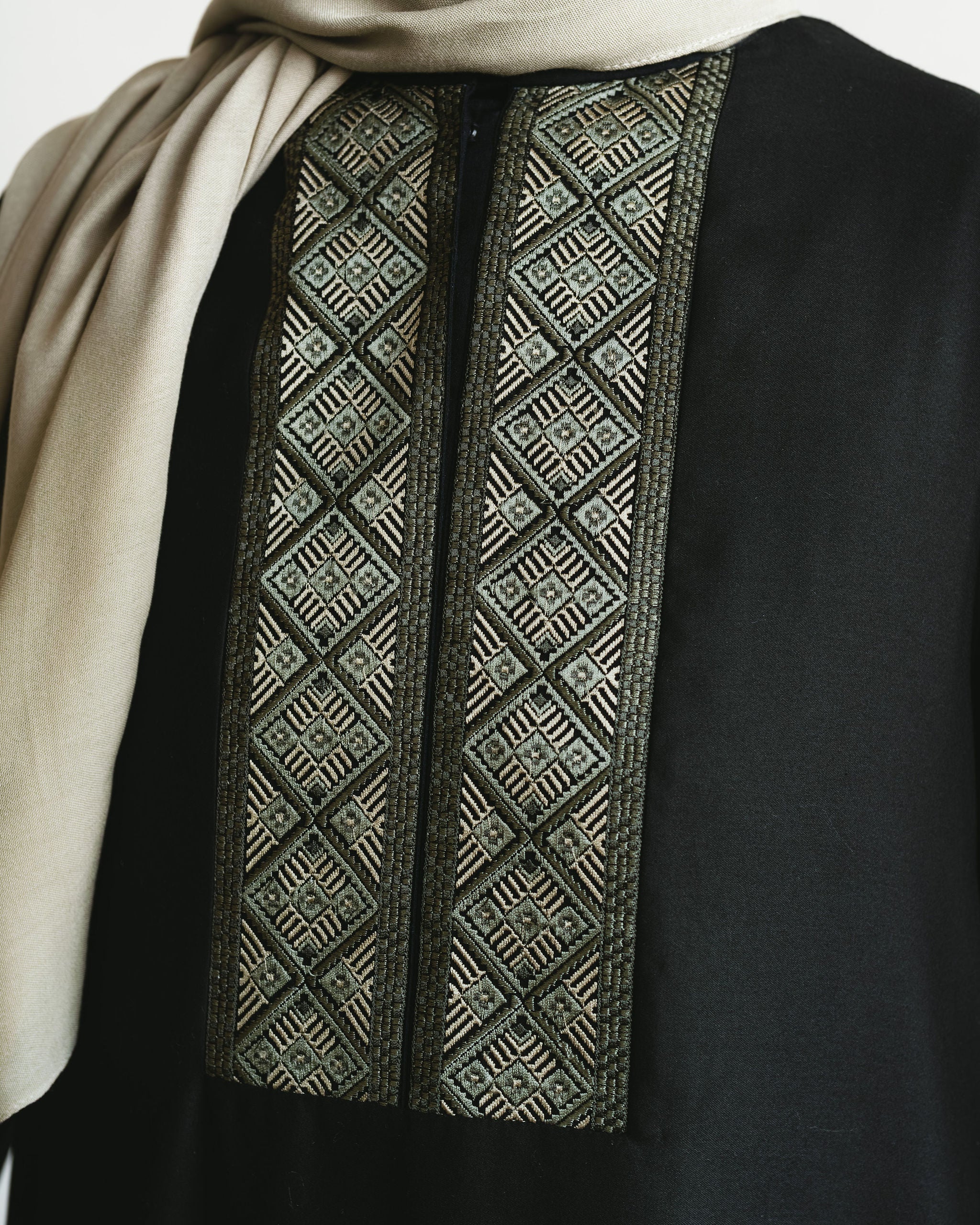 Embroidered Front Panel Abaya - Black & Olive