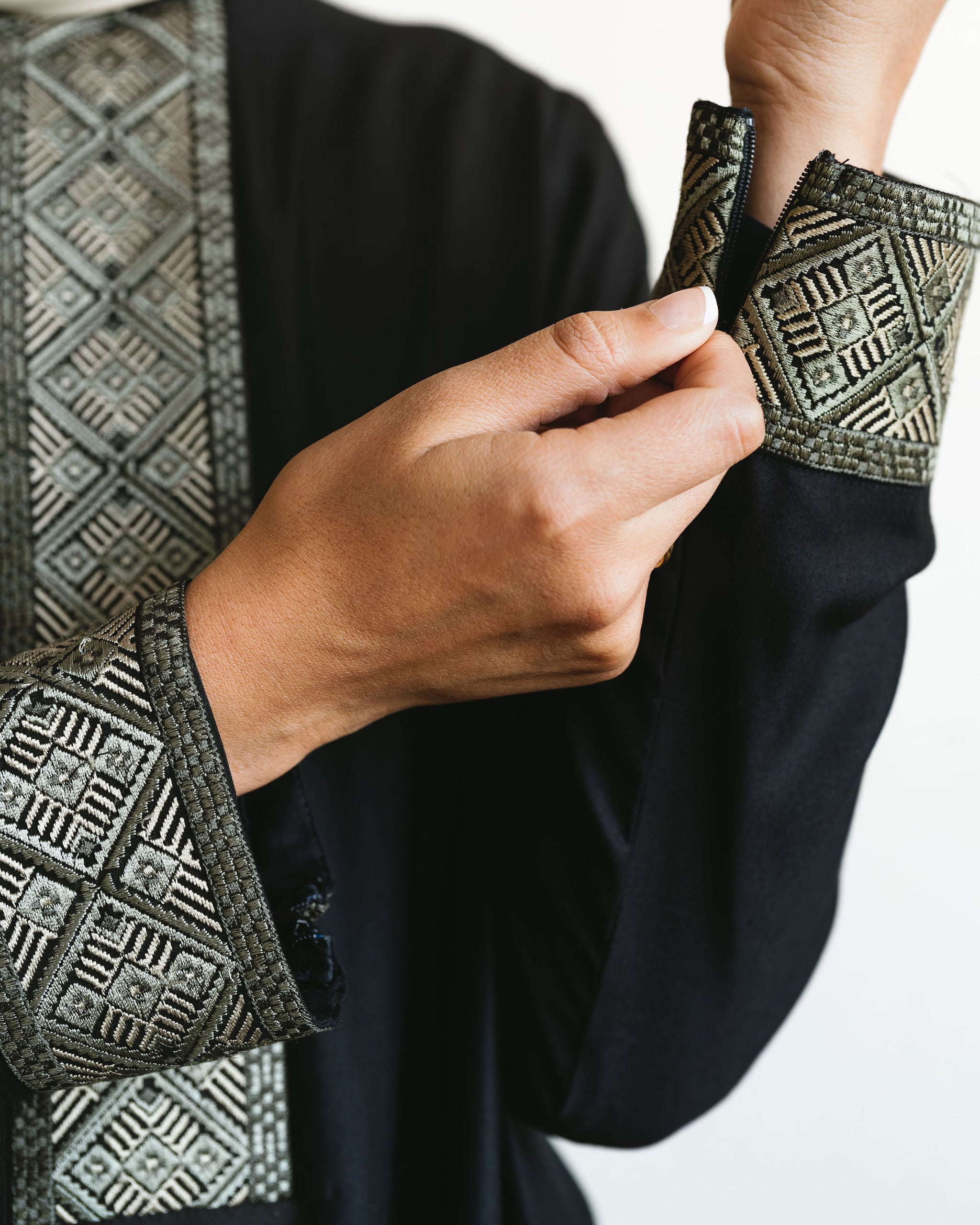 Embroidered Front Panel Abaya - Black & Olive