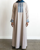 Embroidered Front Panel Abaya - Stone & Dusky Blue