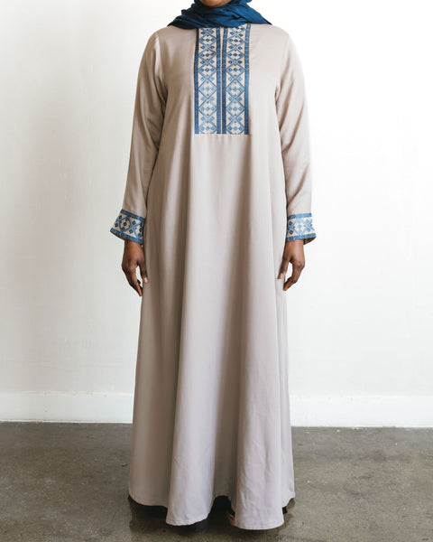 Embroidered Front Panel Abaya - Stone & Dusky Blue | aaBideen Embroidered Front Panel Abaya - Stone & Dusky Blue | aaBideen