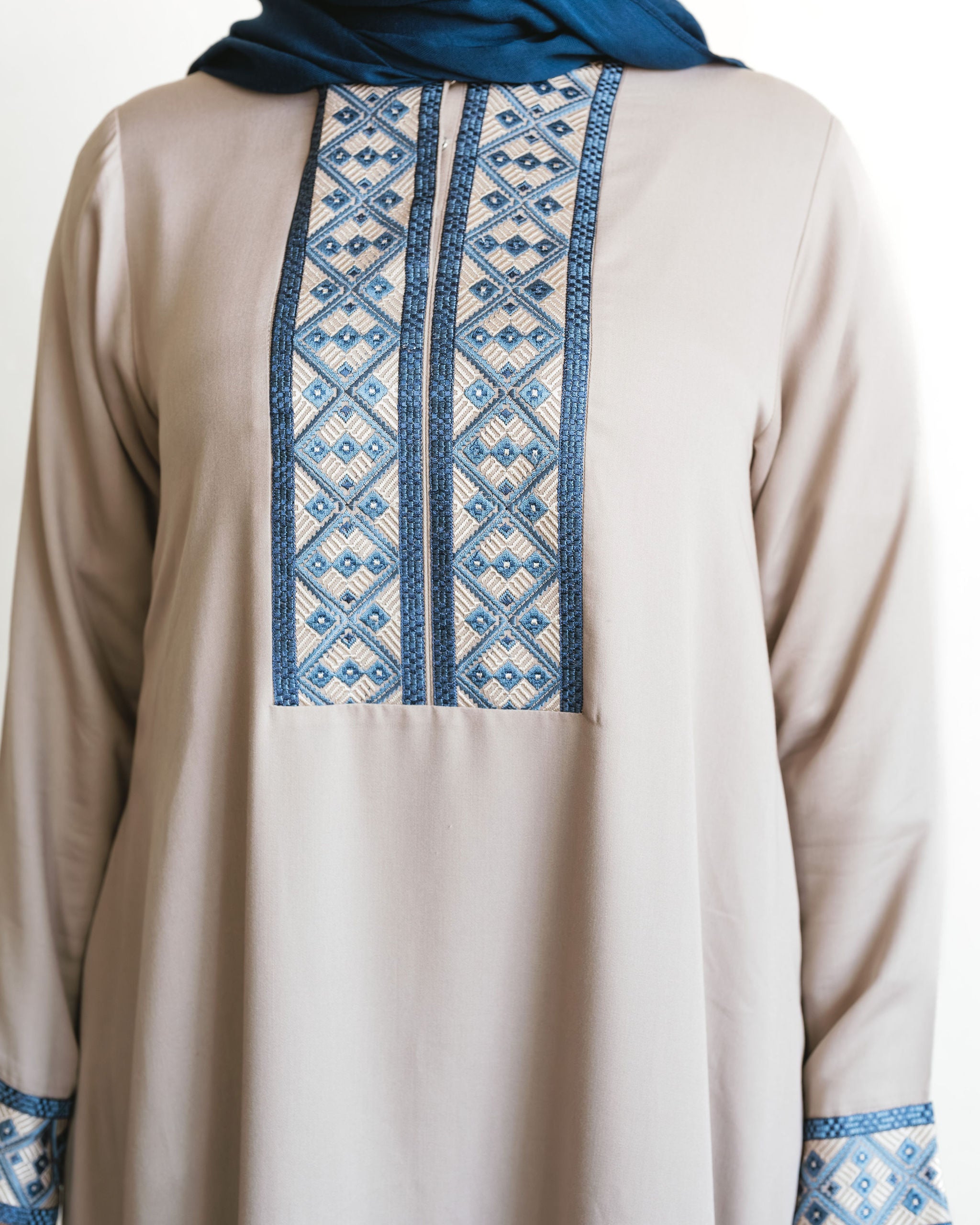 Embroidered Front Panel Abaya - Stone & Dusky Blue