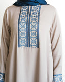 Embroidered Front Panel Abaya - Stone & Dusky Blue