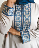 Embroidered Front Panel Abaya - Stone & Dusky Blue