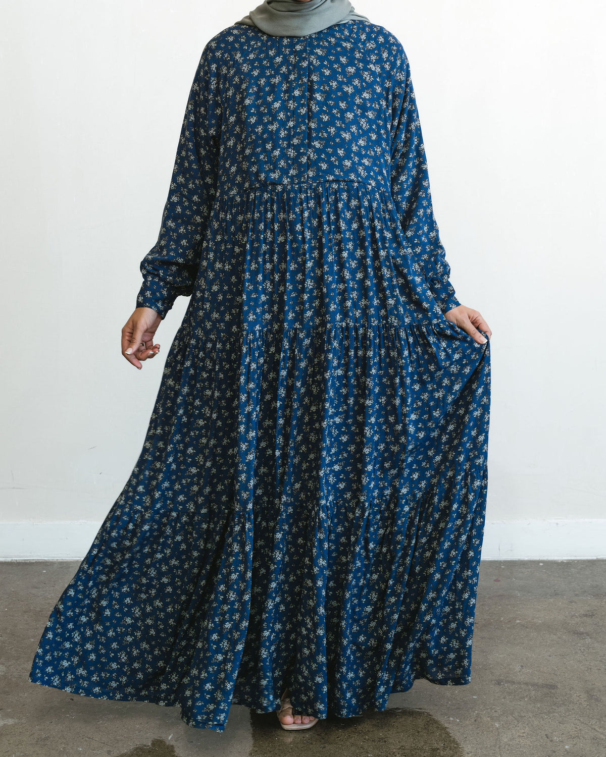 Navy Blue Floral Maxi Dress Abaya
