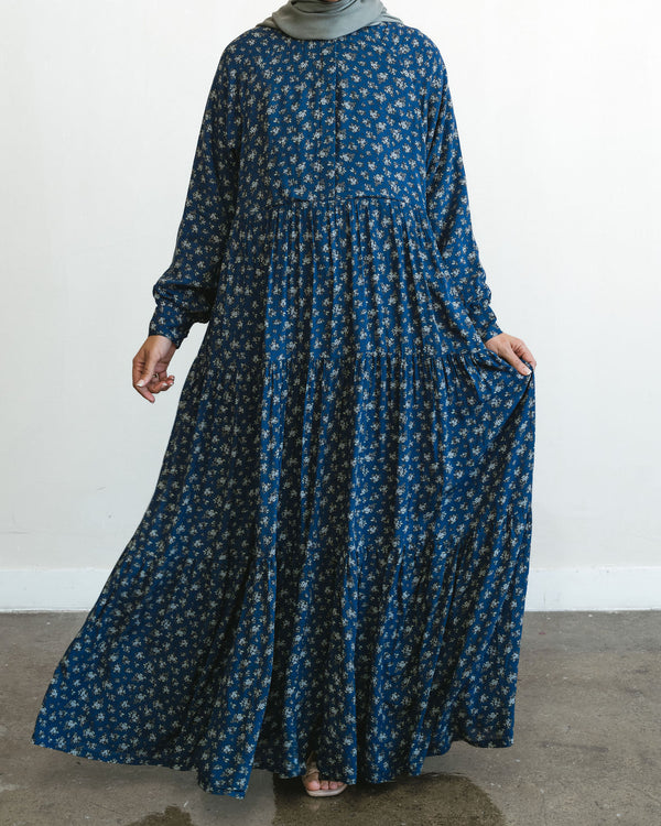 Navy Blue Floral Maxi Dress Abaya