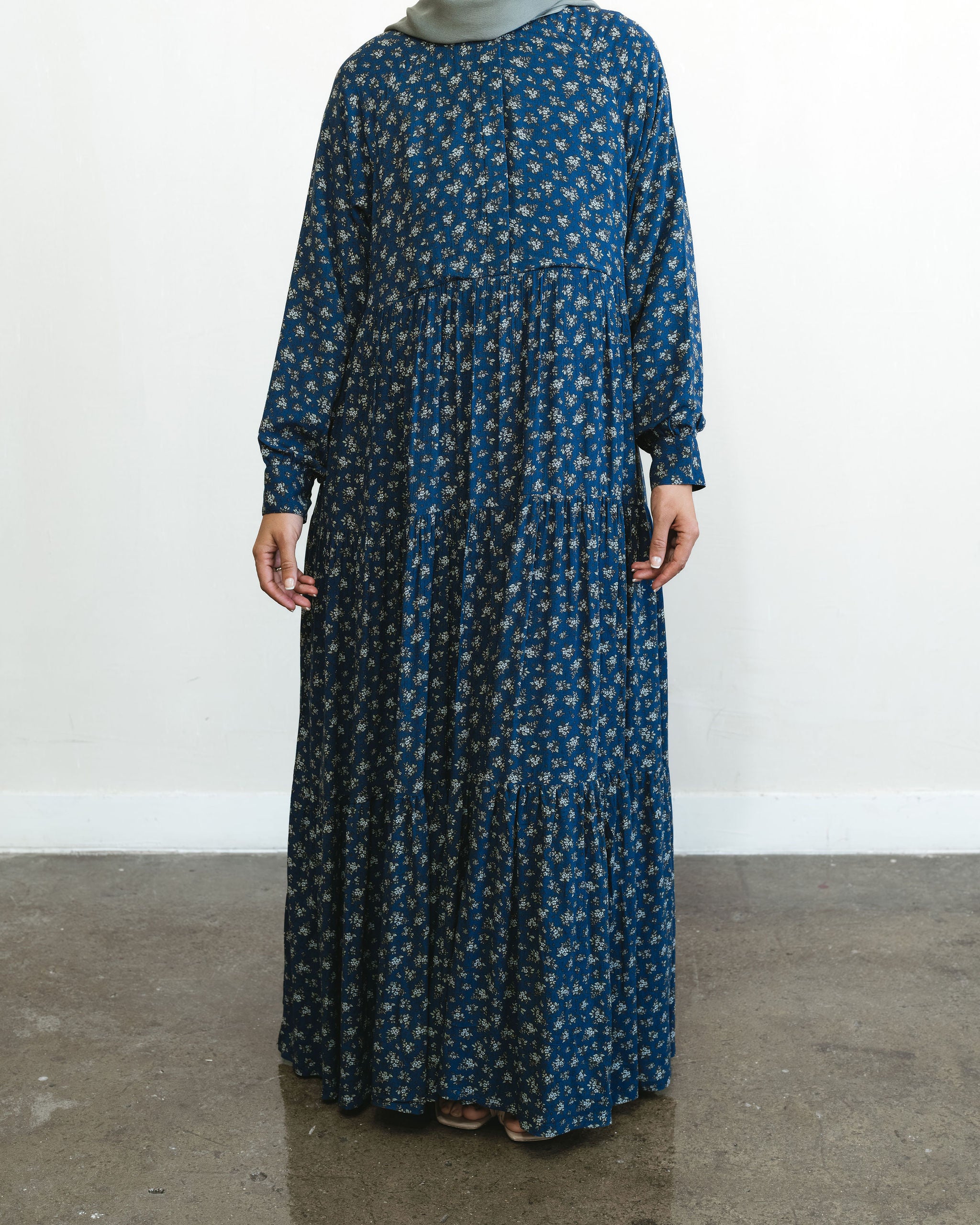 Navy Blue Floral Maxi Dress Abaya