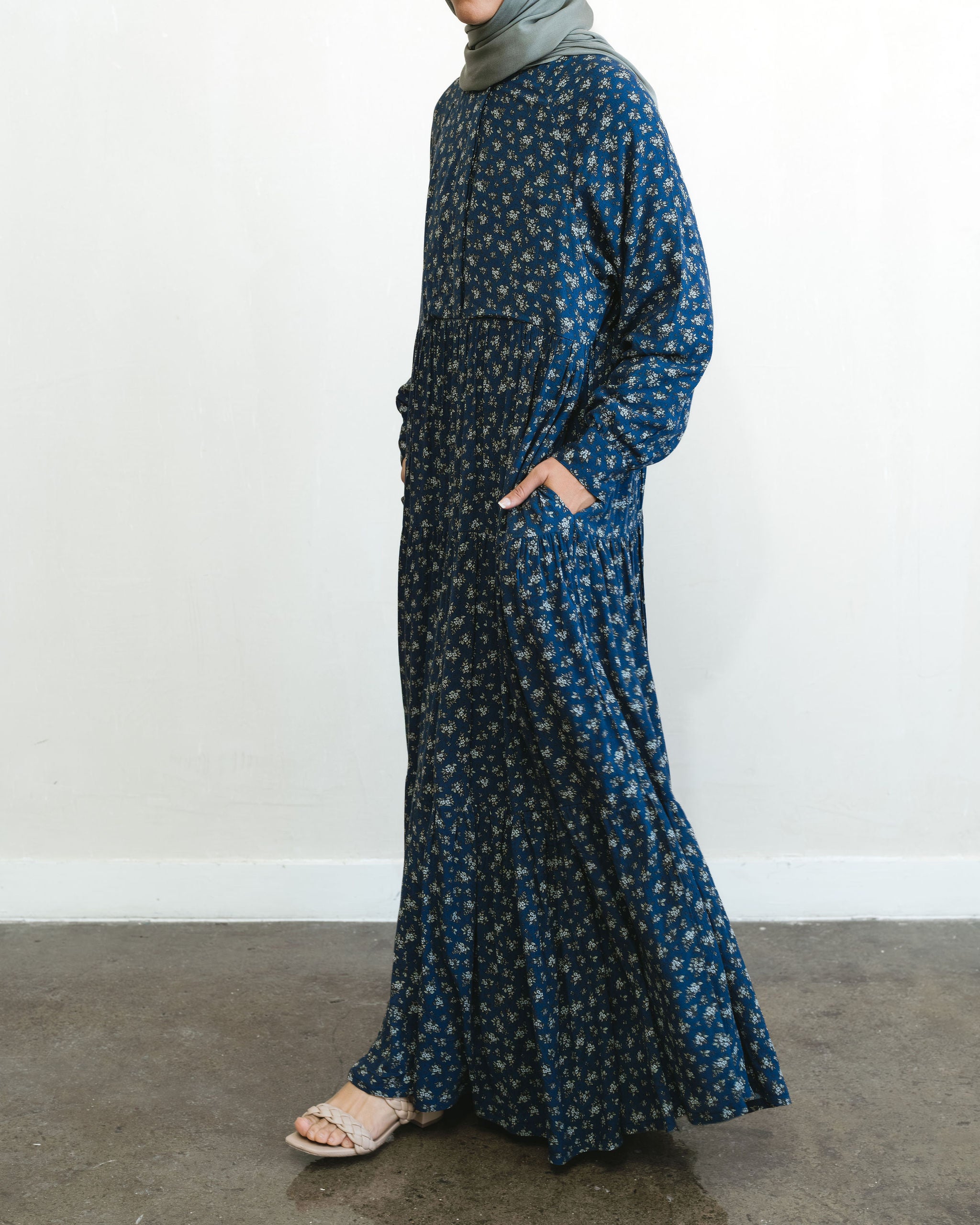 Navy Blue Floral Maxi Dress Abaya