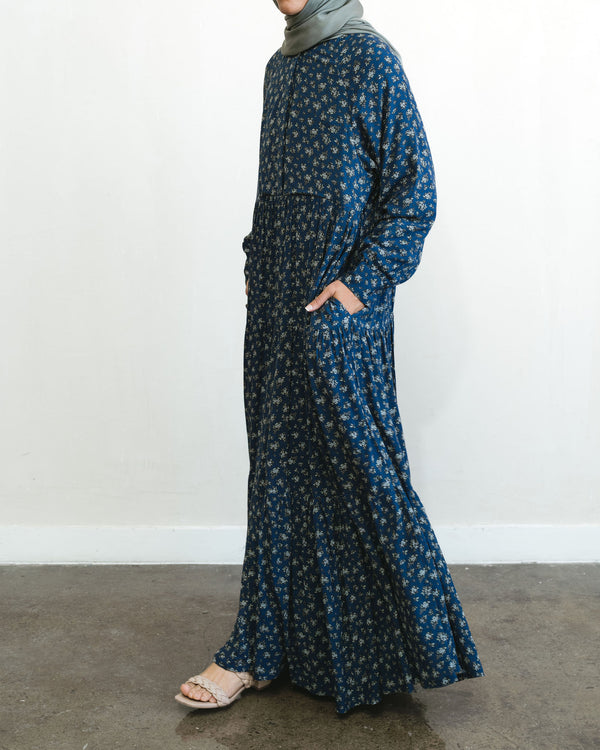 Navy Blue Floral Maxi Dress Abaya