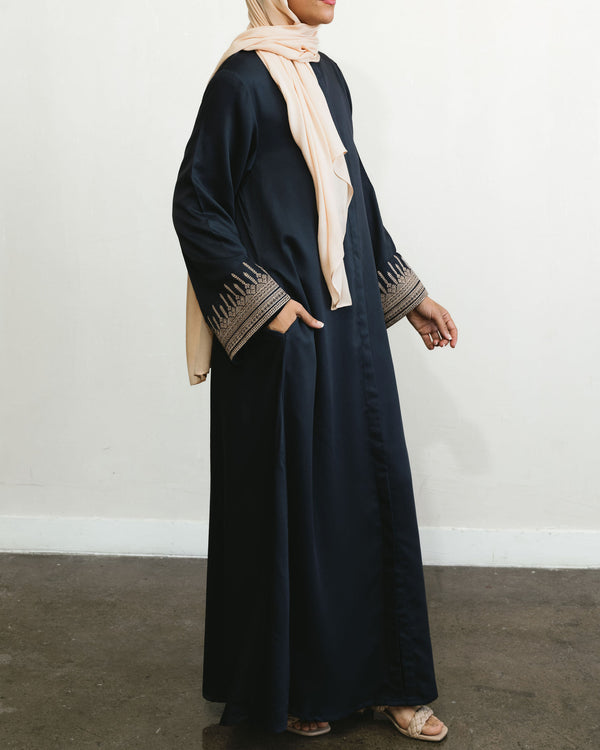 Embroidered Tribal Sleeve Button Front Abaya - Navy & Stone