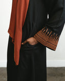 Embroidered Tribal Sleeve Button Front Abaya - Black & Rust