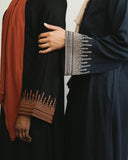 Embroidered Tribal Sleeve Button Front Abaya - Black & Rust