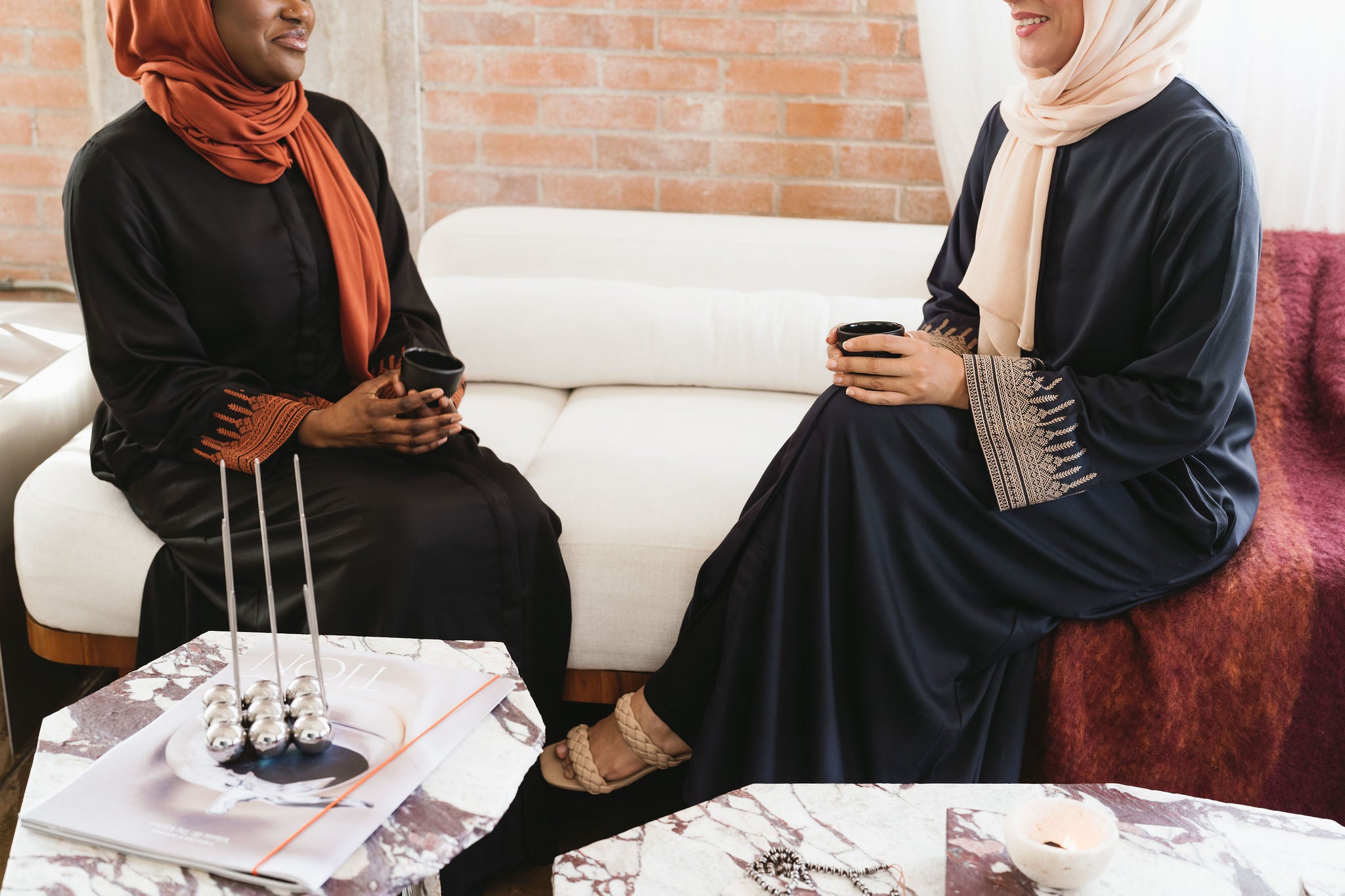 Embroidered Tribal Sleeve Button Front Abaya - Black & Rust