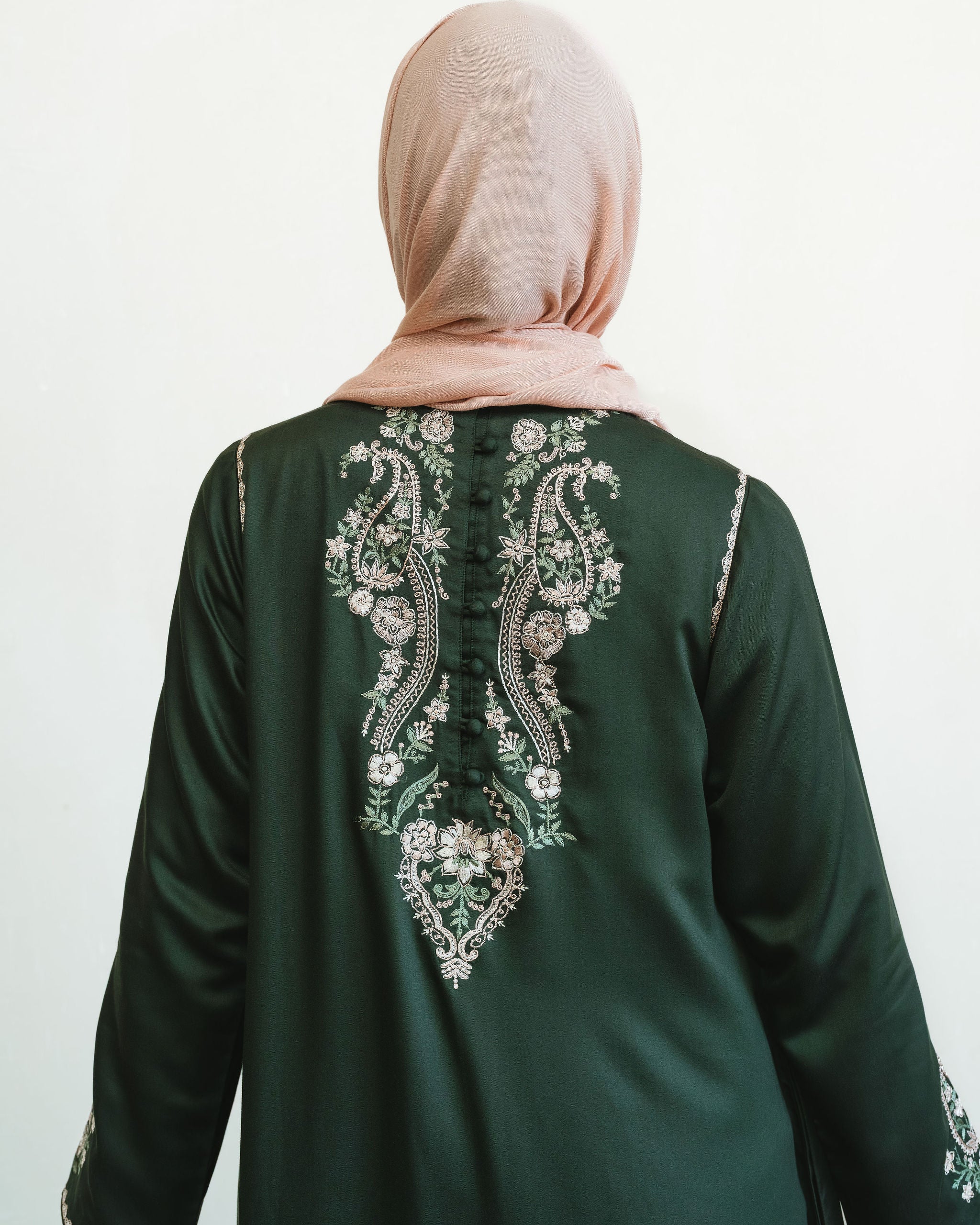 Embroidered Garden Paisley Abaya - Bottle Green