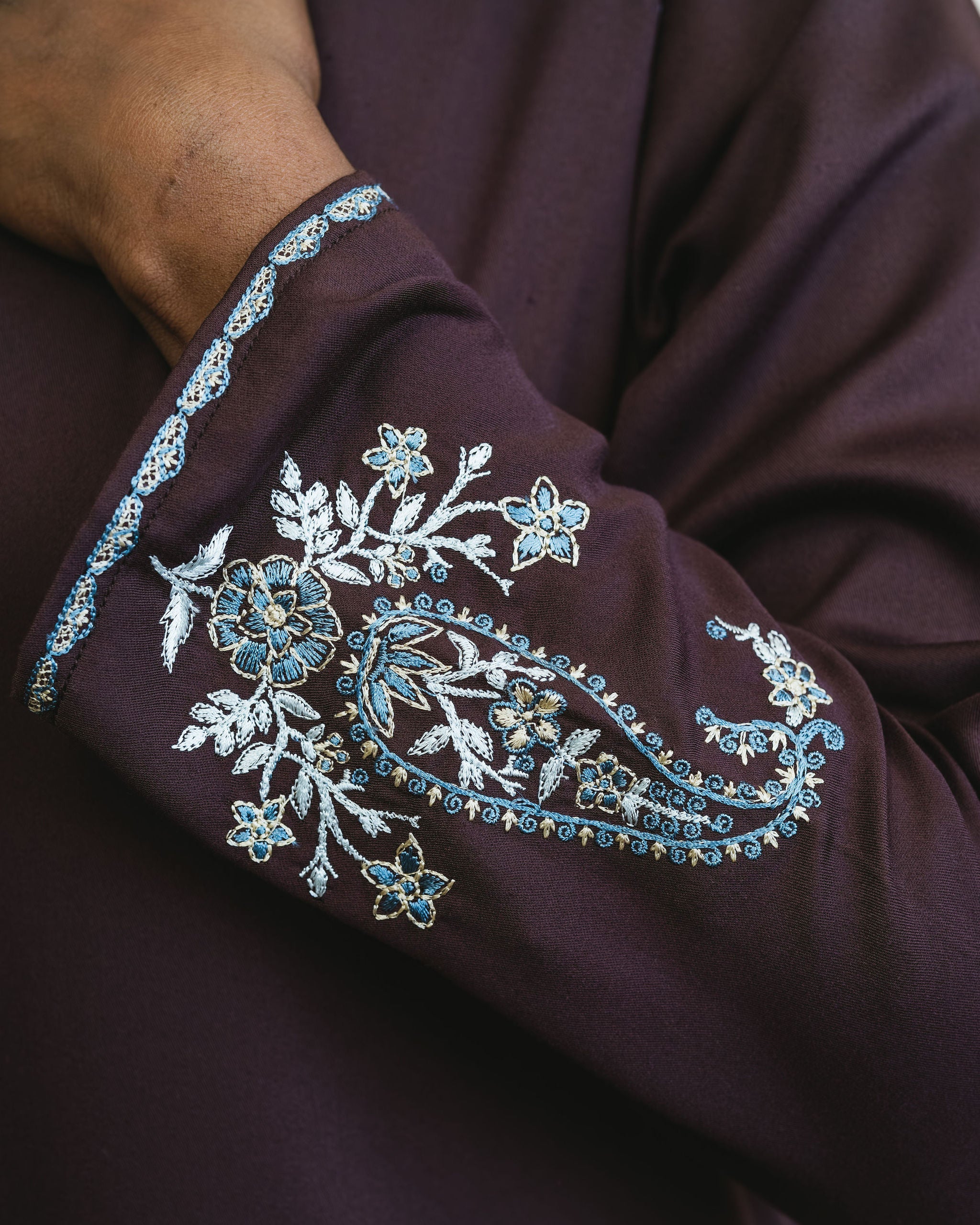 Embroidered Garden Paisley Abaya - Chocolate Plum