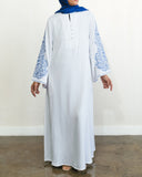 Embroidered Wide Sleeve Abaya - White & Royal Blue