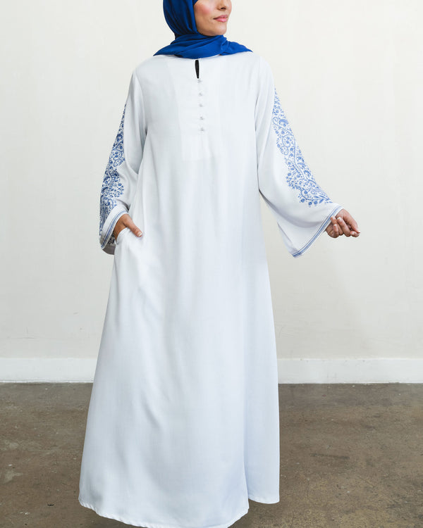 Embroidered Wide Sleeve Abaya - White & Royal Blue