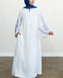 Embroidered Wide Sleeve Abaya - White & Royal Blue