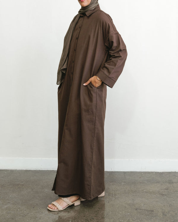 Women's Cocoa Brown Linen Button Front Abaya