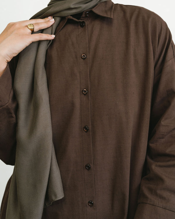 Women's Cocoa Brown Linen Button Front Abaya