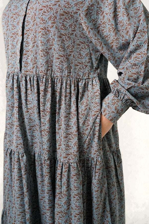 Dusky Blue Printed Buttoned Tiered Abaya