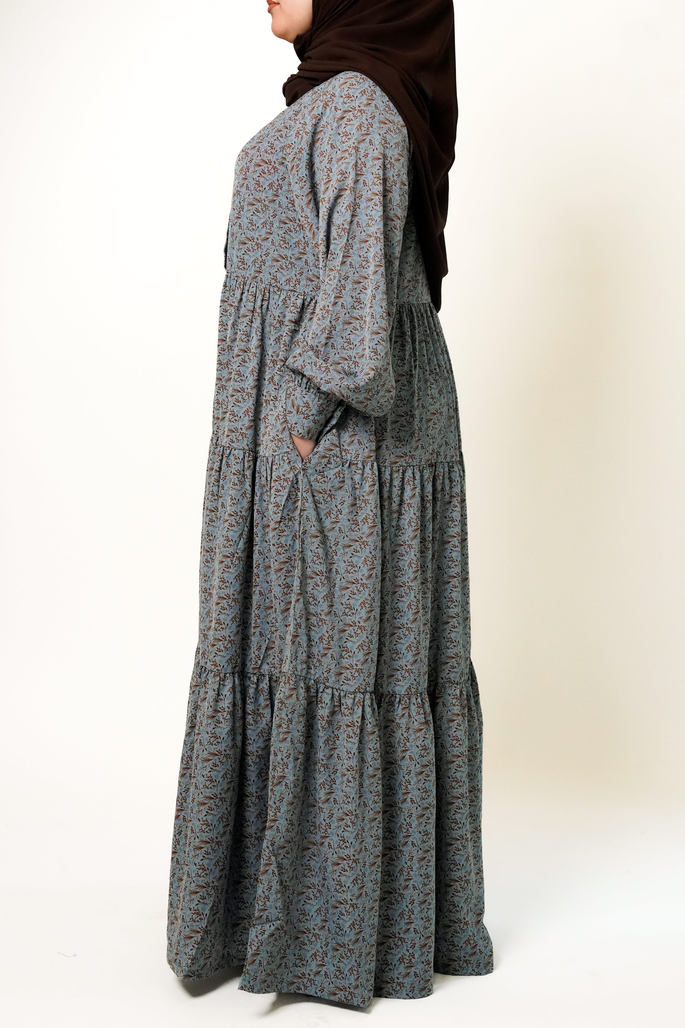 Dusky Blue Printed Buttoned Tiered Abaya