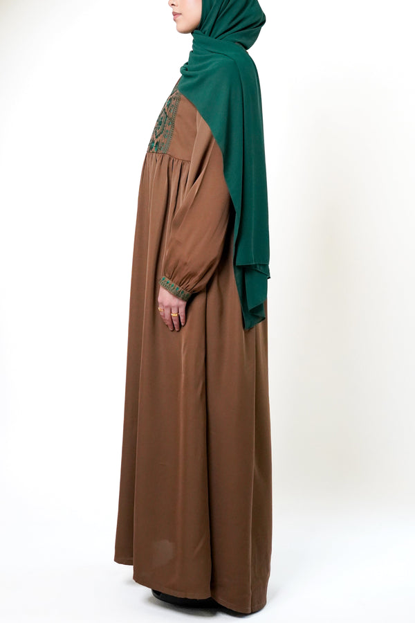 Tan Embroidered Bodice Abaya