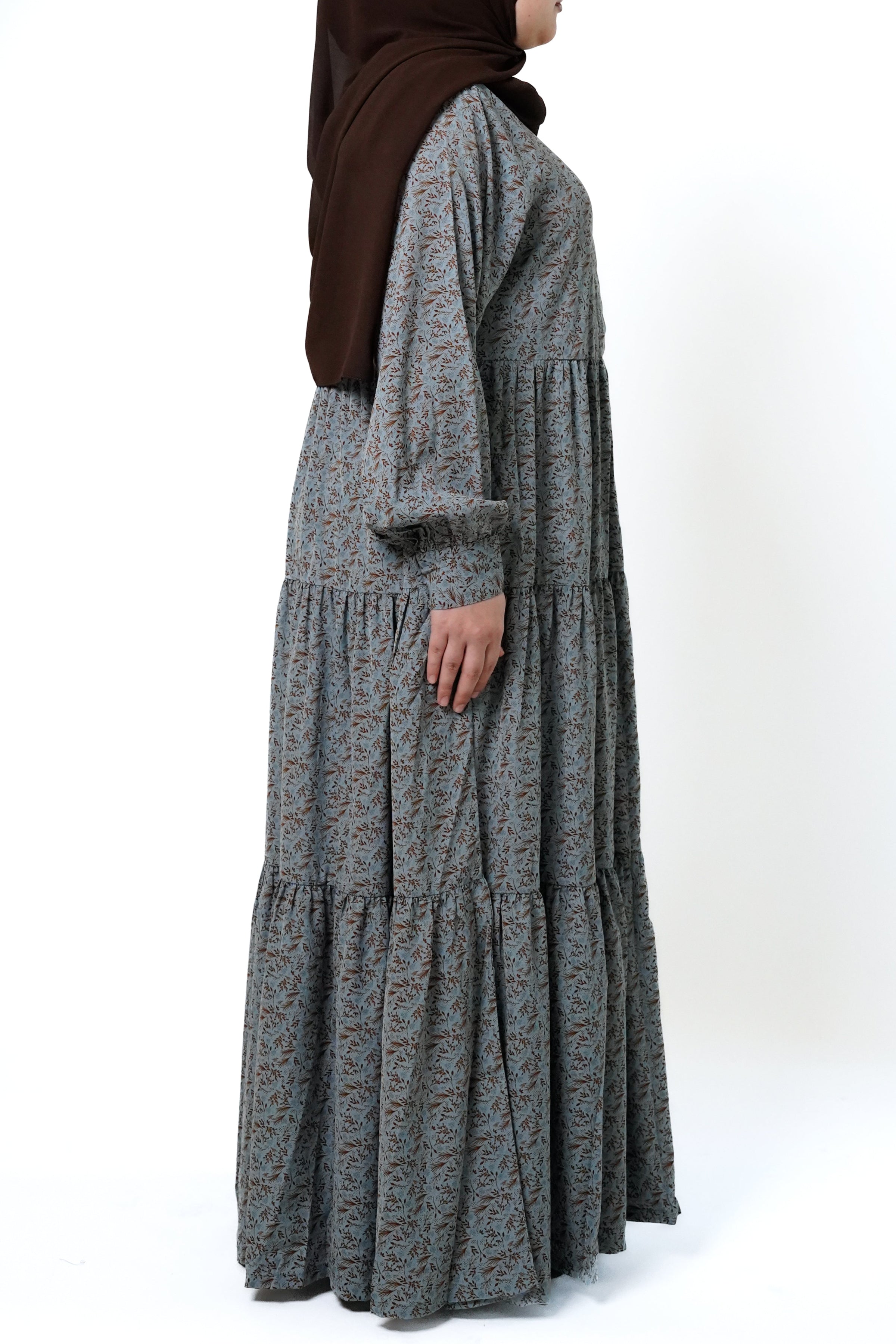 Dusky Blue Printed Buttoned Tiered Abaya