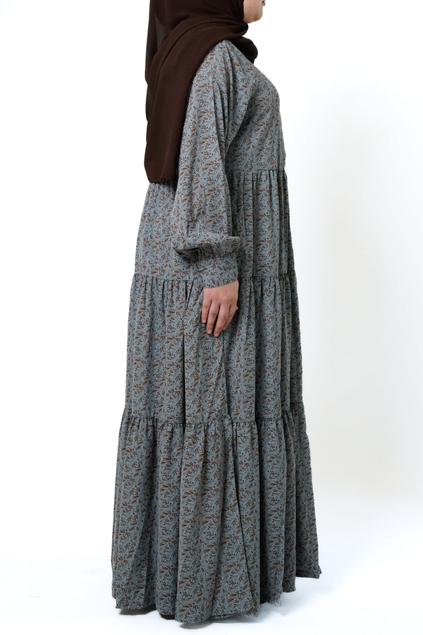 Dusky Blue Printed Buttoned Tiered Abaya