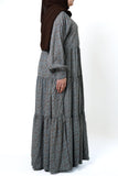 Dusky Blue Printed Buttoned Tiered Abaya
