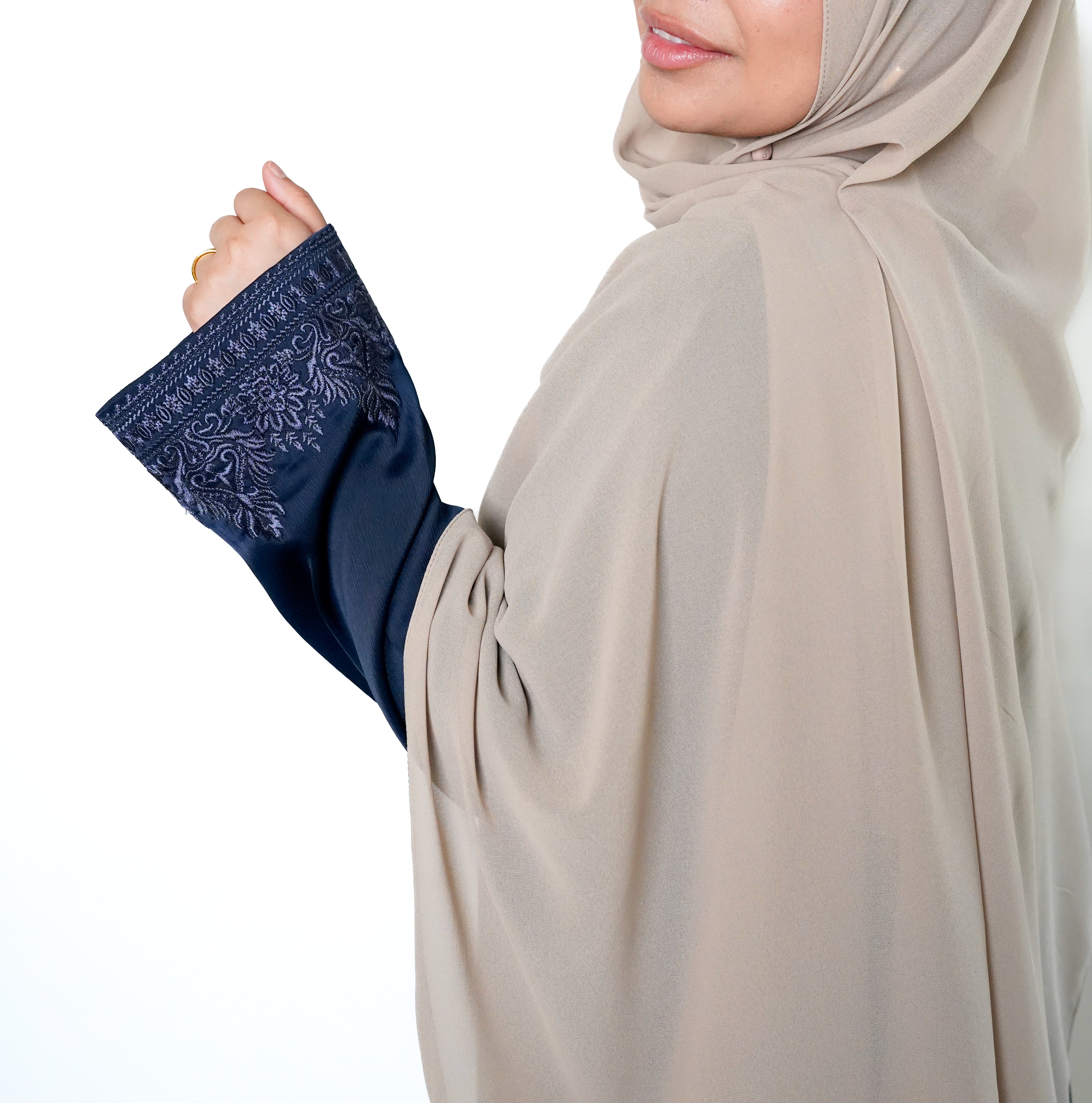 Navy Button Front Embroidered Abaya