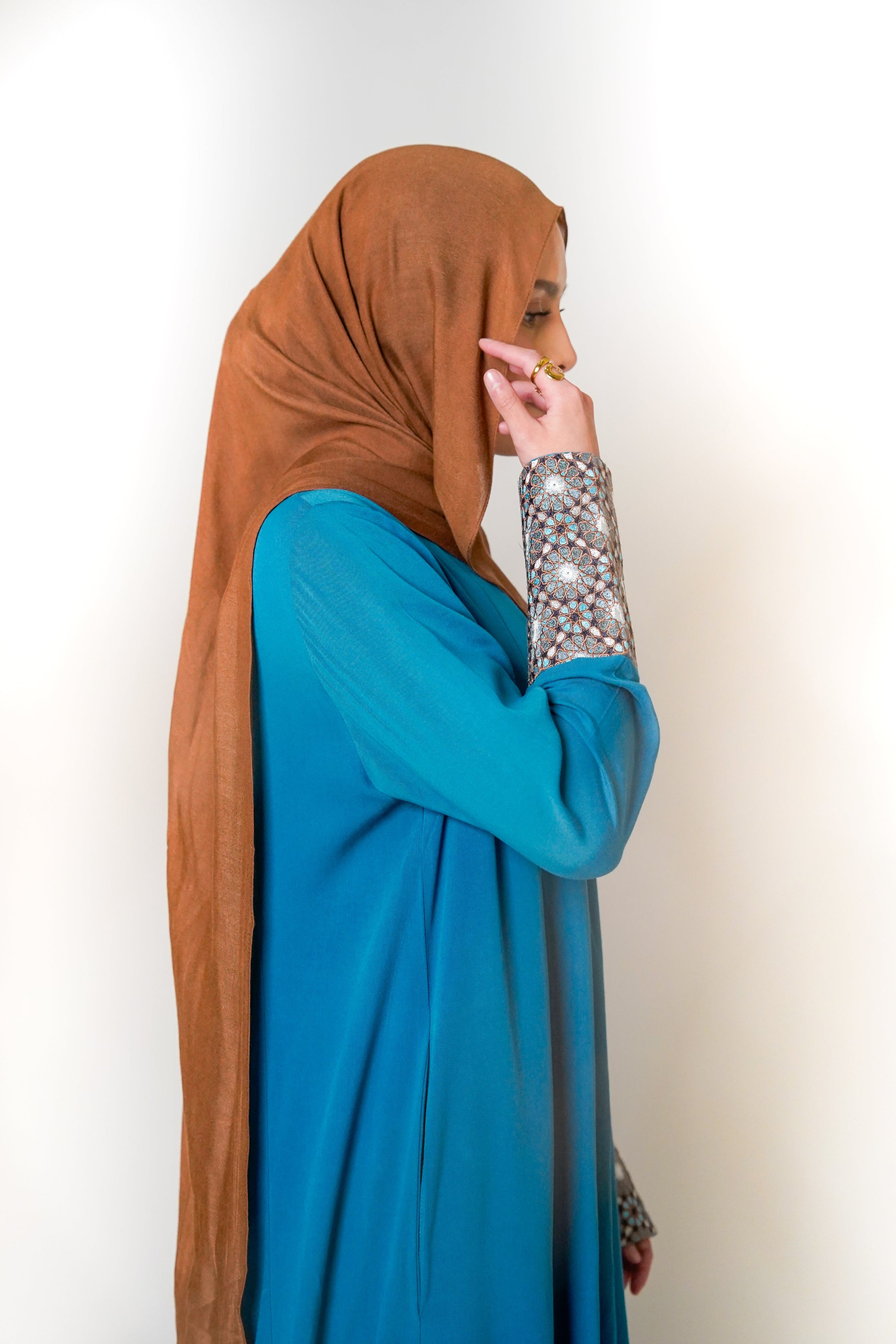 Luxury Caspian Blue Embroidered Cuff Abaya