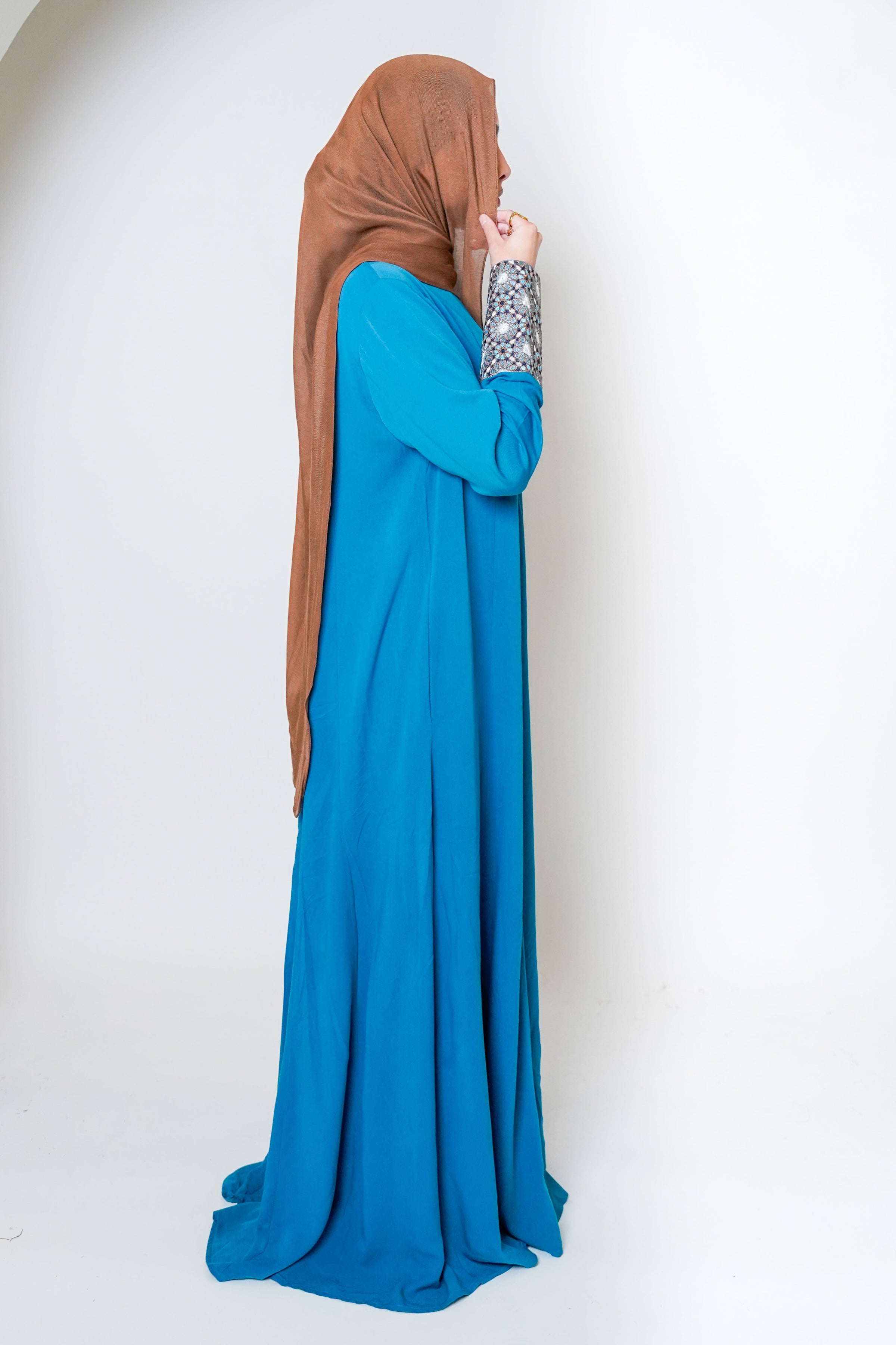Luxury Caspian Blue Embroidered Cuff Abaya