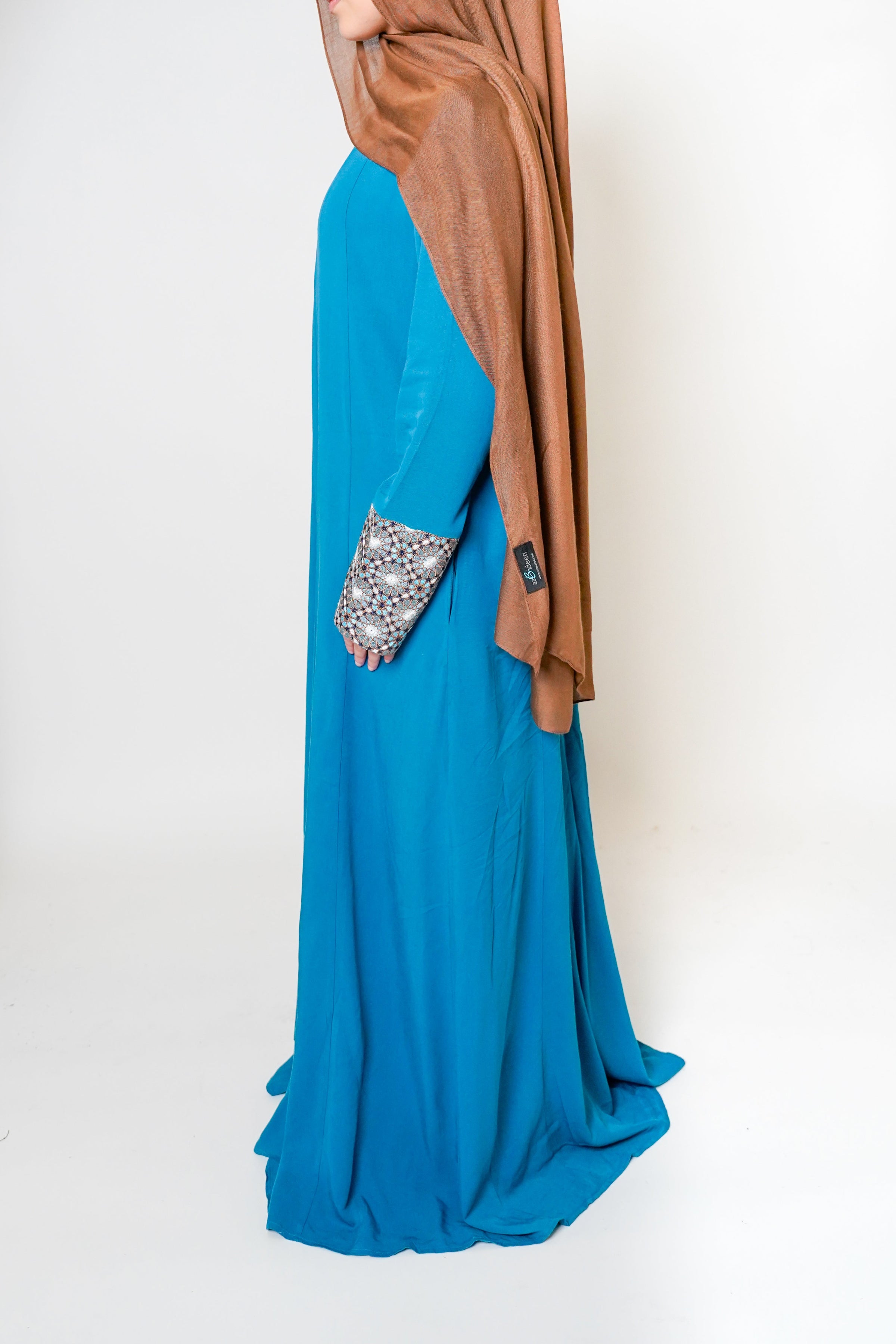Luxury Caspian Blue Embroidered Cuff Abaya