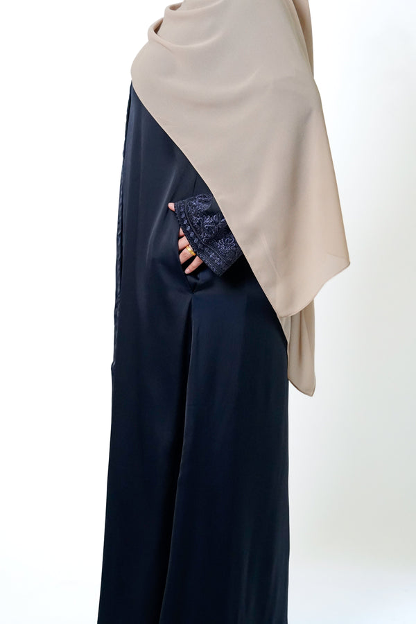 Navy Button Front Embroidered Abaya