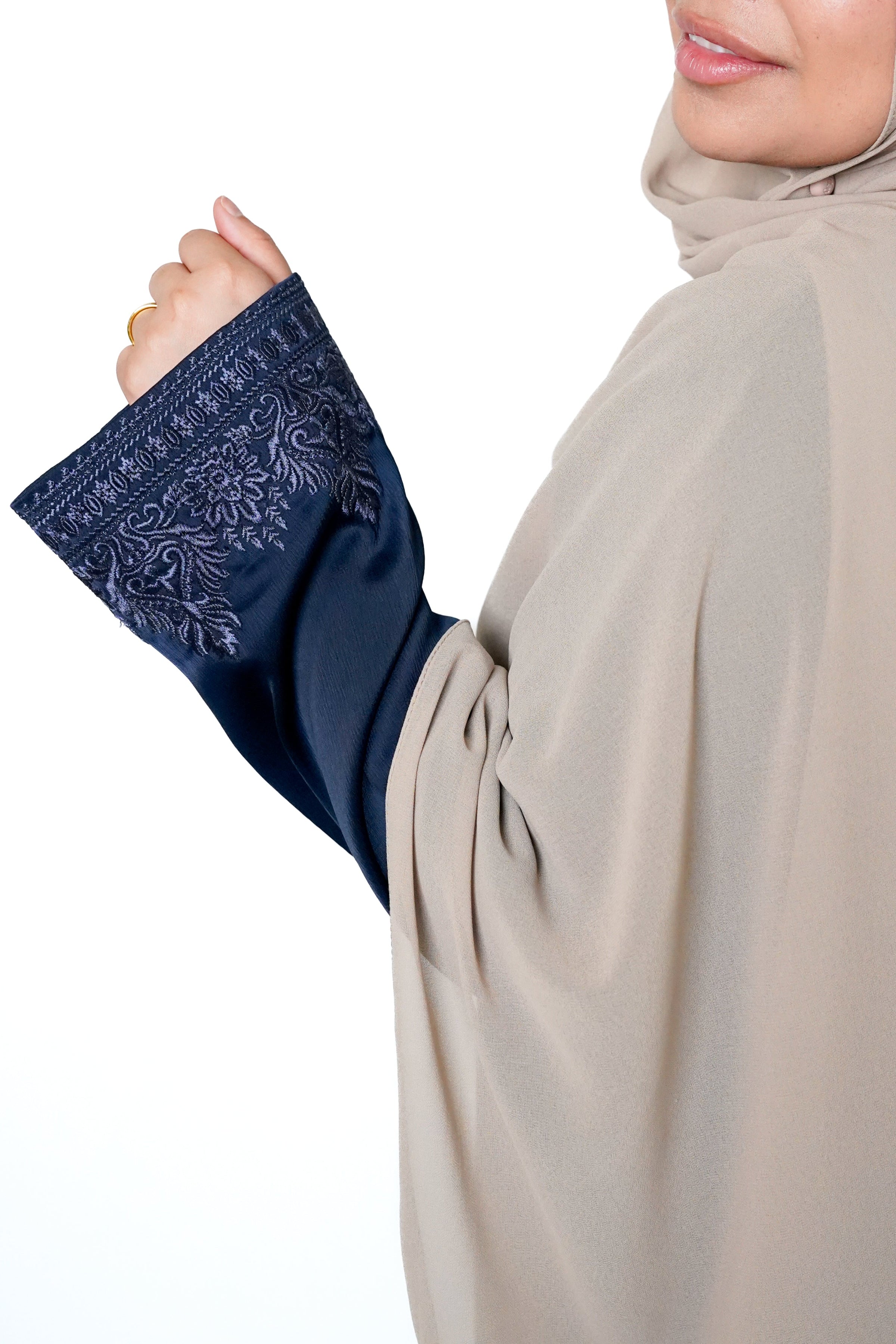 Navy Button Front Embroidered Abaya