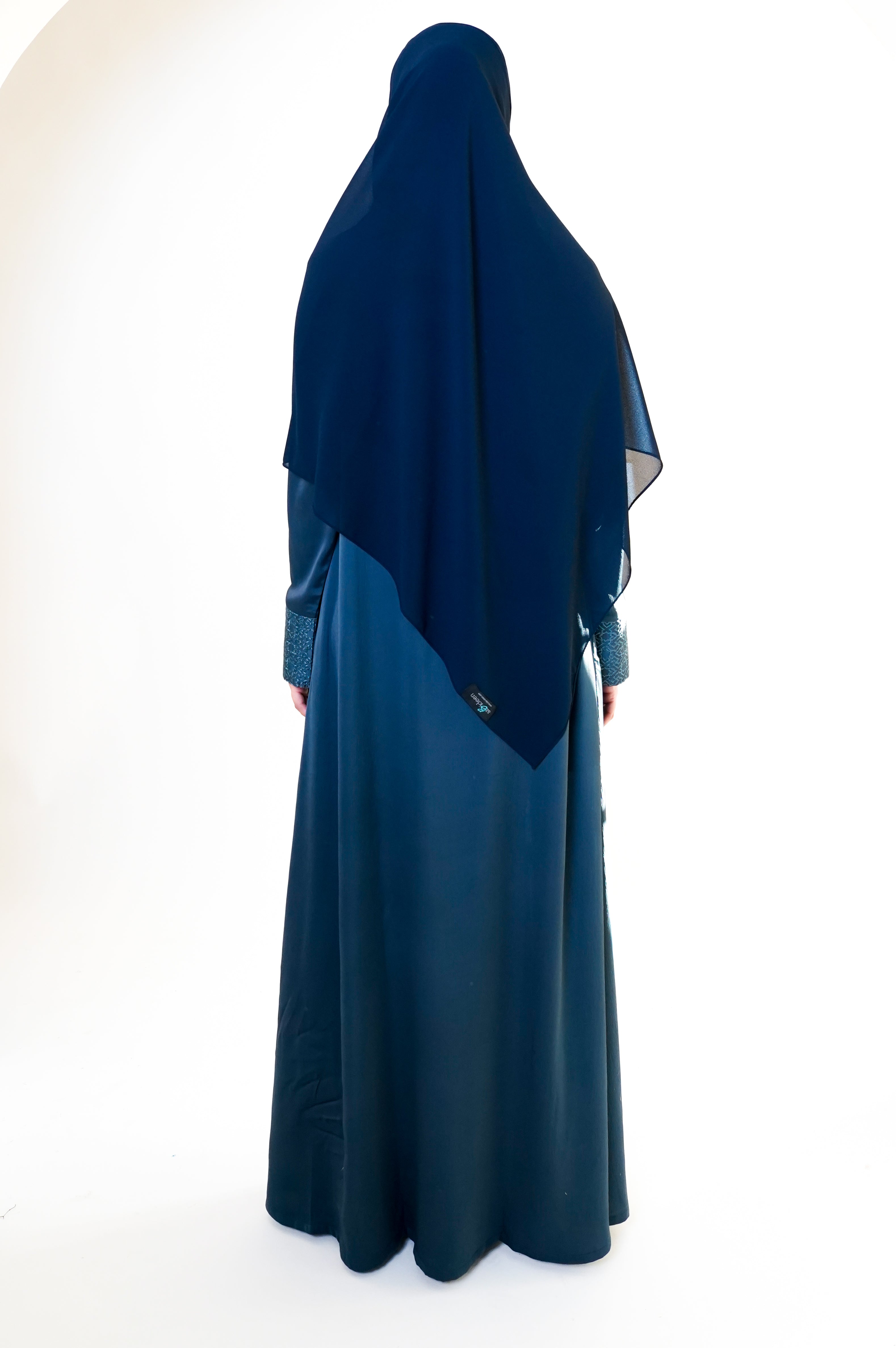 Slate Blue Geo Embroidered Cuff Open Abaya