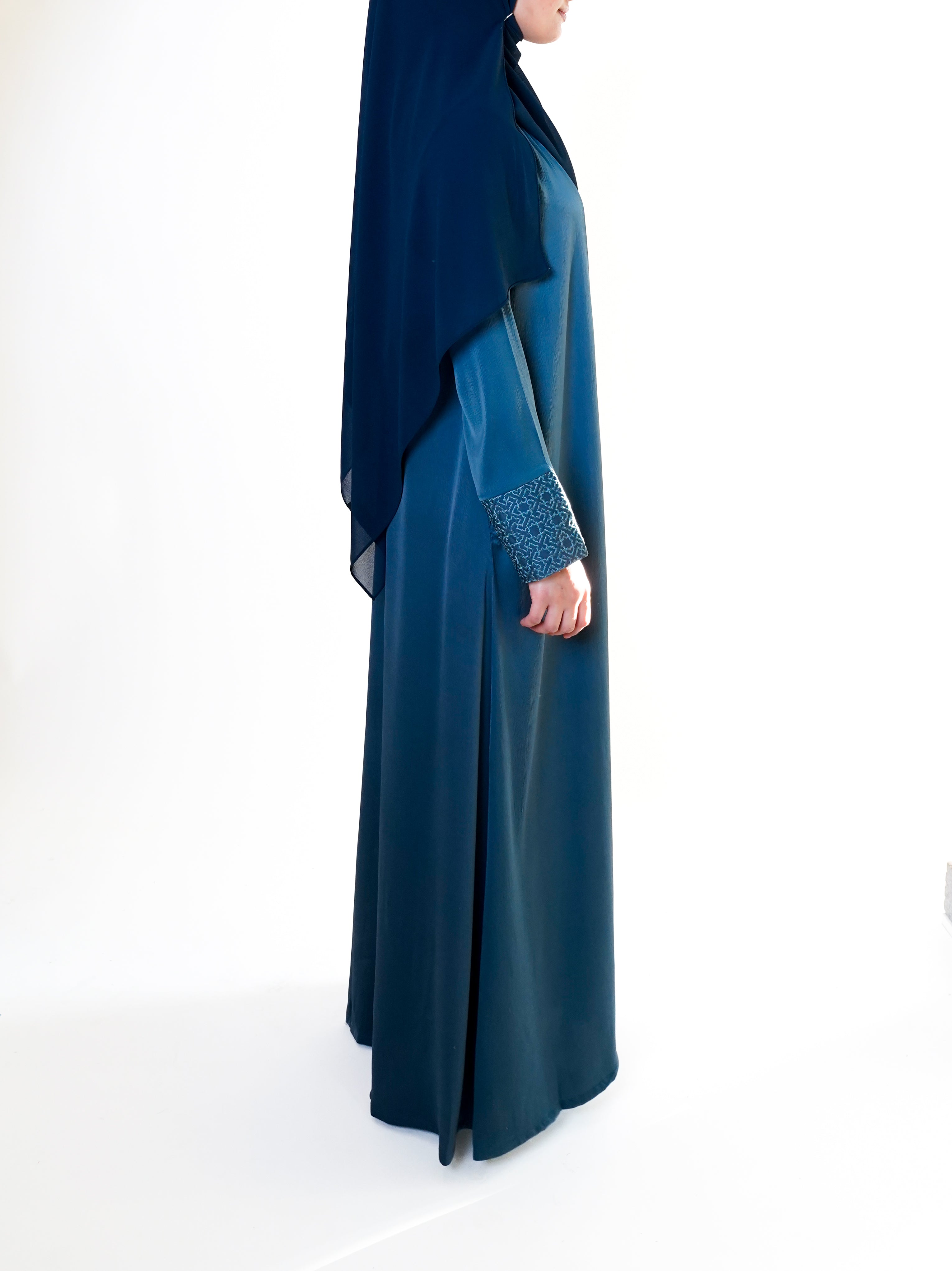 Slate Blue Geo Embroidered Cuff Open Abaya