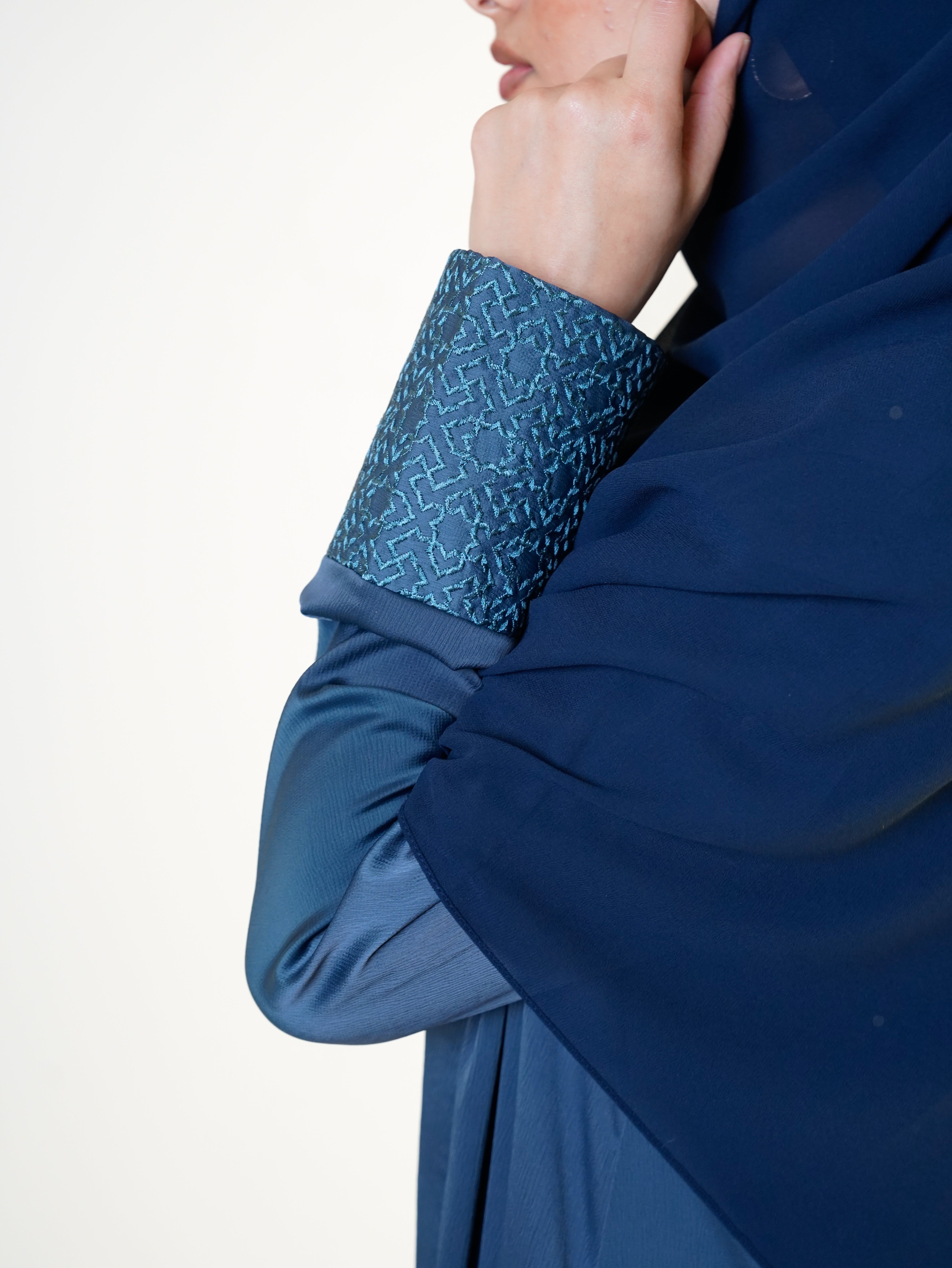 Slate Blue Geo Embroidered Cuff Open Abaya