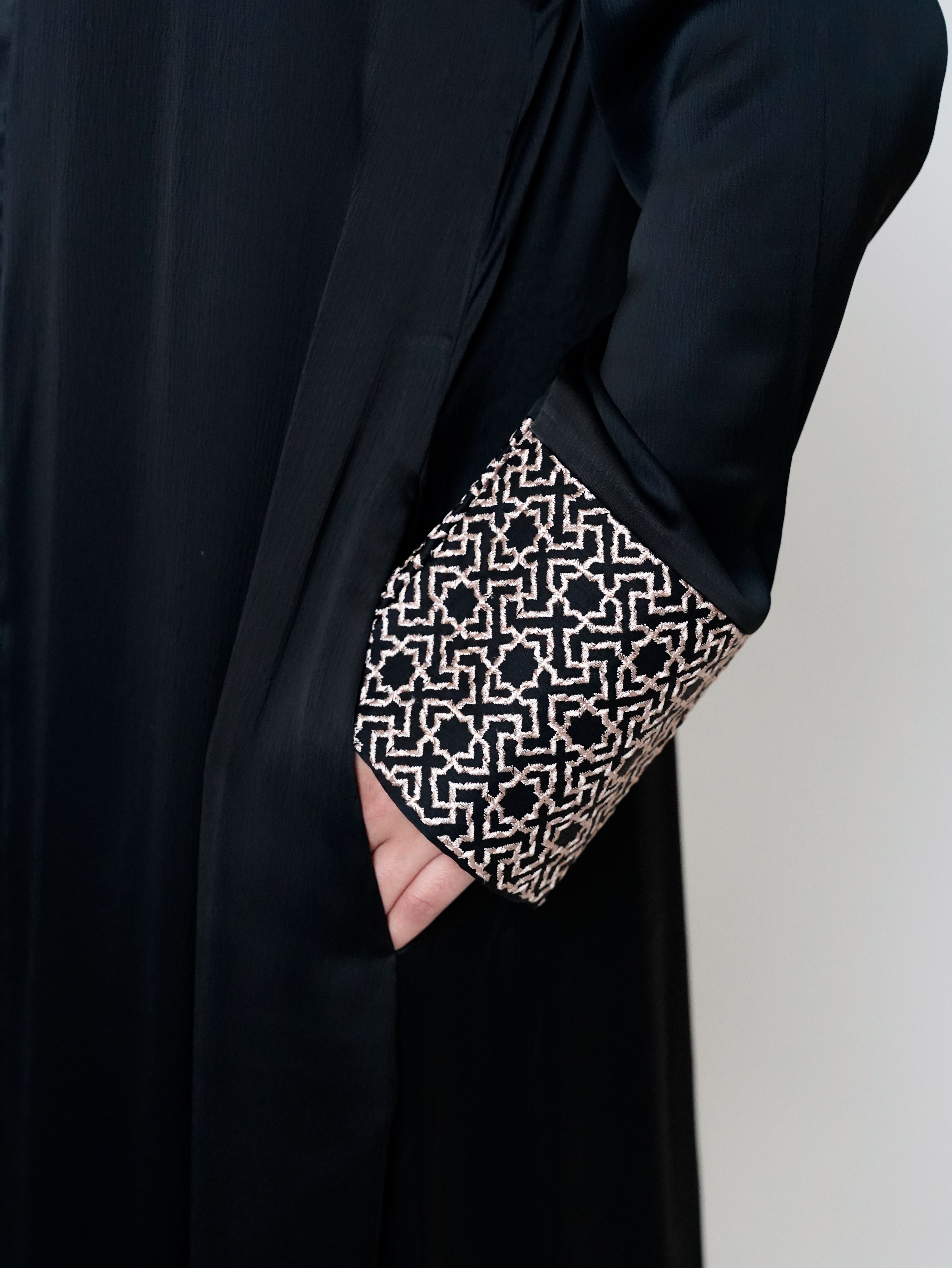 Black Geo Embroidered Cuff Open Abaya