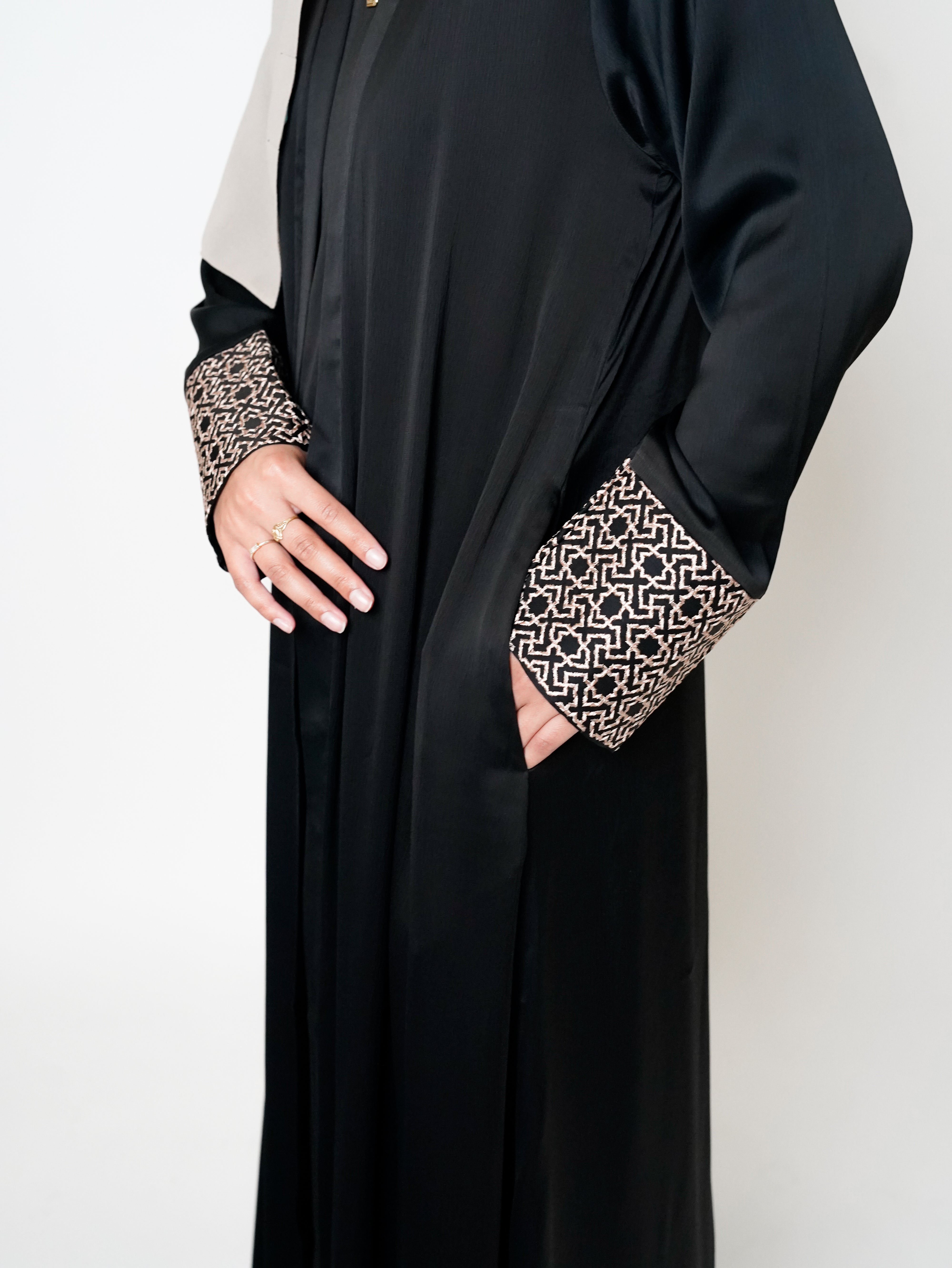 Black Geo Embroidered Cuff Open Abaya