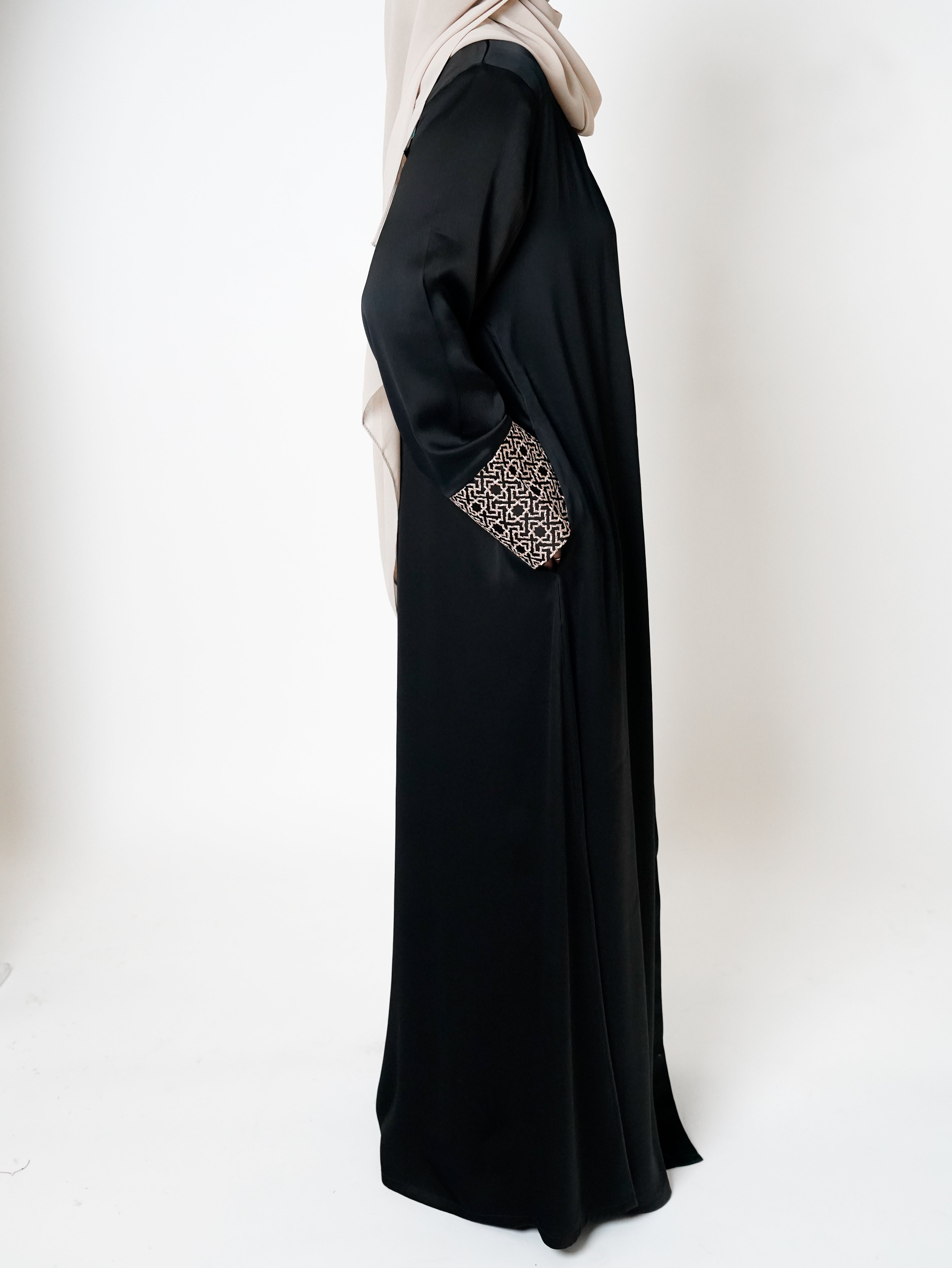 Black Geo Embroidered Cuff Open Abaya