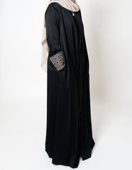 Black Geo Embroidered Cuff Open Abaya